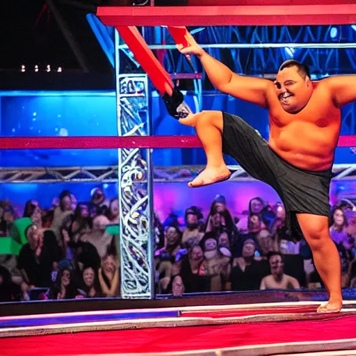 Prompt: Gabriel Iglesias competing on American Ninja Warrior, sports photography