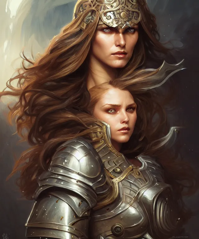 Image similar to Muscular and powerful medieval knight woman portrait, sci-fi, amber eyes, face, long hair, fantasy, intricate, elegant, highly detailed, digital painting, artstation, concept art, smooth, sharp focus, illustration, art by artgerm and greg rutkowski and alphonse mucha