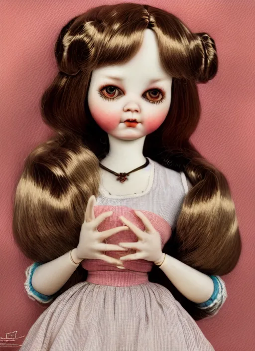 Image similar to highly detailed wide - angle portrait of a retro doll with low detail simple hands, nicoletta ceccoli, mark ryden, lostfish, earl nore, hyung tae, frank frazetta, global illumination, detailed and intricate environment