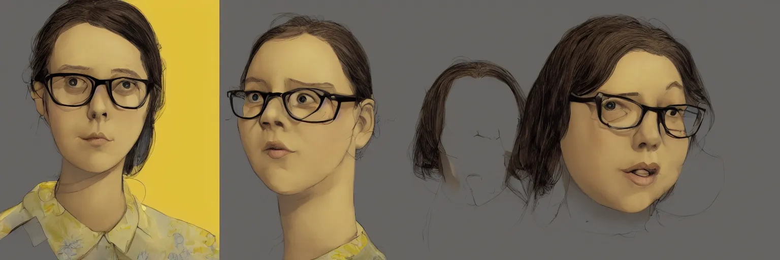 Prompt: female character study of cute young plus size todd solondz, clear sharp todd solondz face, wearing yellow floral blouse, glasses, character sheet, fine details, concept design, contrast, by charlie bowater, francis bacon and pixar, trending on artstation, 8 k, full body and head, turnaround, front view, back view, ultra wide angle