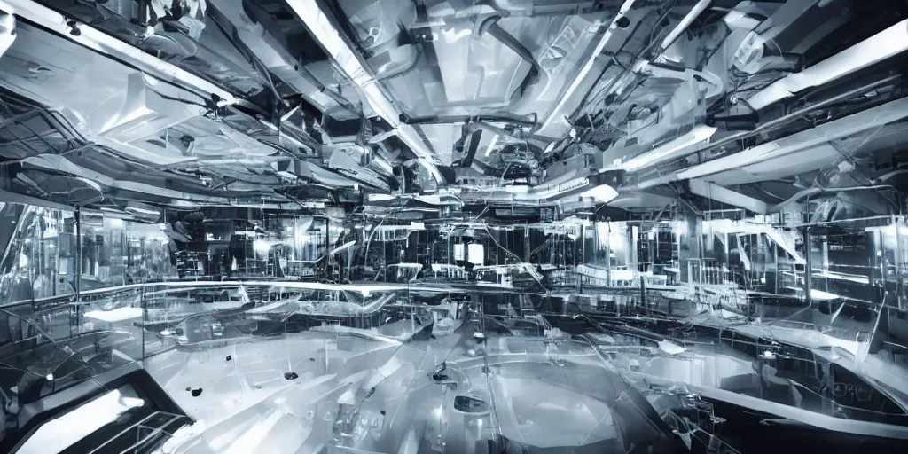 Prompt: inside a corporate space ship board room, machinery and lasers and steel and glass windows into space, sci fi film still, dark atmosphere, highly detailed photograph