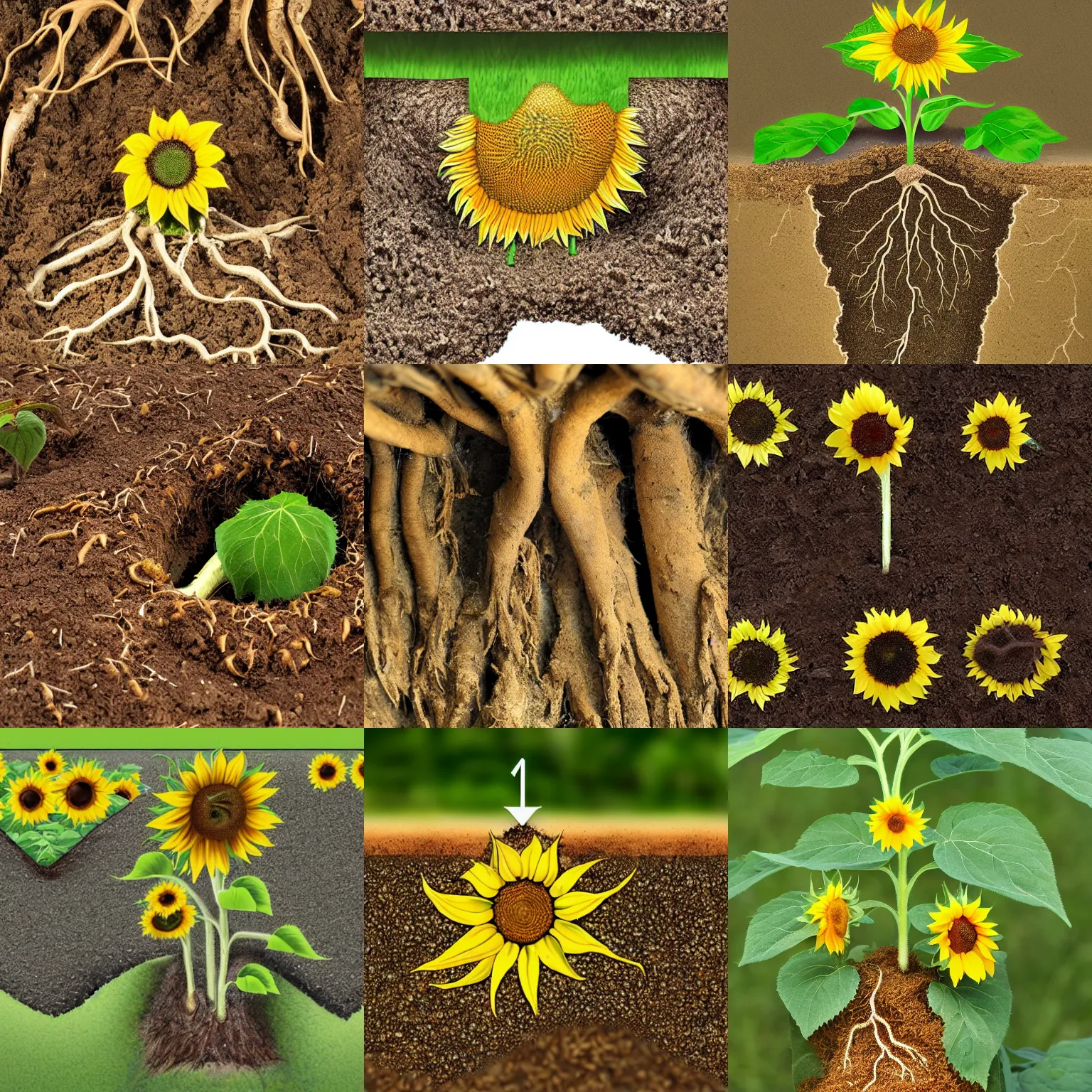 Prompt: a sunflower root diagram, above and below ground, growing from head