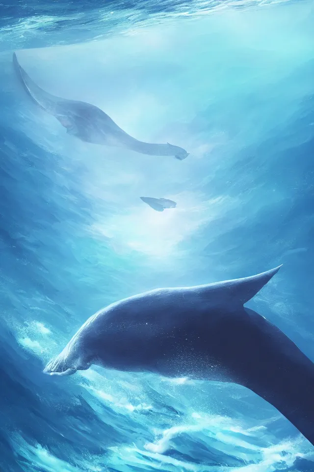 Image similar to a concept scene illustration depicting a blue whale at the bottom of the azure sea, with a crystal texture and a dreamy atmosphere ， super wide angle ， matte painting ， rtx on ， trending on cgsociety and artstation ，