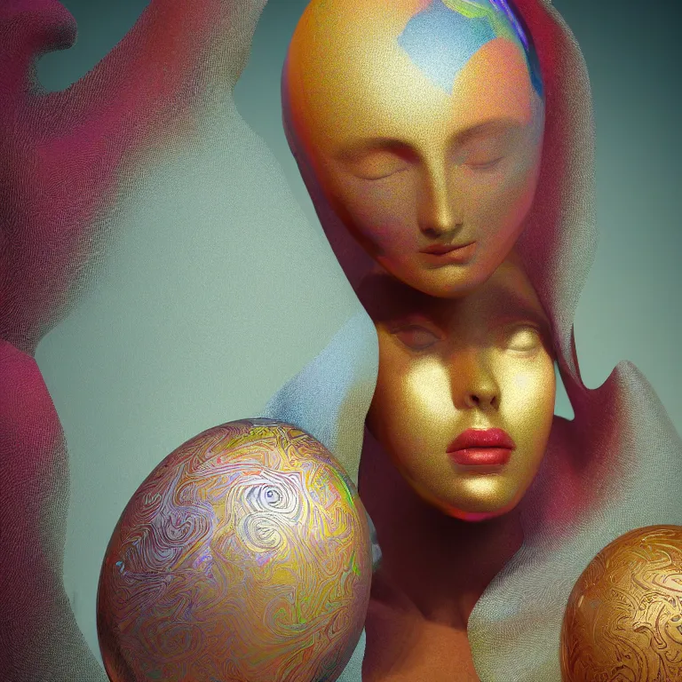 Image similar to octane render portrait by wayne barlow and carlo crivelli and glenn fabry and salvador dali and wes anderson, a beautiful woman hatching out of a perfect colorful patterned iridescent silver egg, cinema 4 d, ray traced lighting, very short depth of field, bokeh
