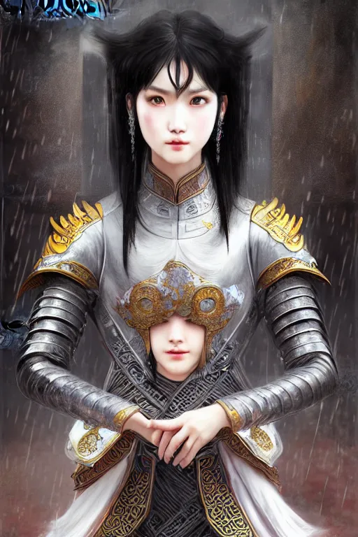 Image similar to portrait black hair young knights of Dynasty Warriors girl, matt white mirror armor, in ruin chinese temple rooftop heavily rain sunrise, ssci-fi and fantasy, intricate and very beautiful and elegant, highly detailed, digital painting, soft light, artstation, concept art, smooth and sharp focus, illustration, art by tian zi and WLOP and alphonse mucha