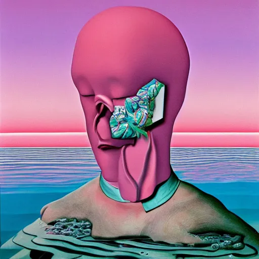 Image similar to award winning masterpiece with incredible details, a surreal vaporwave vaporwave vaporwave vaporwave vaporwave painting by MC Escher of an old pink mannequin head with flowers growing out, sinking underwater, highly detailed