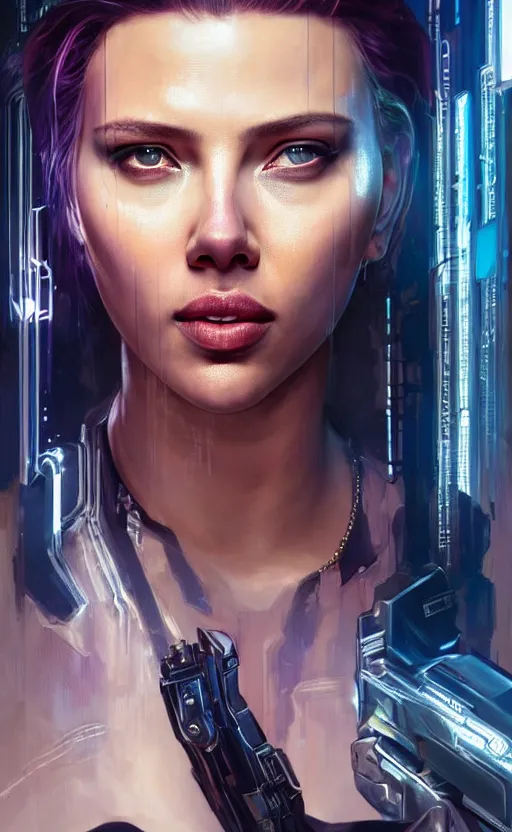 Image similar to portrait of scarlett johansonn as a character in arabian Cyberpunk 2077, looking at camera, intricate, dystopian, sci-fi, extremely detailed, digital painting, artstation, concept art, smooth, sharp focus, illustration, intimidating lighting, incredible art by artgerm and greg rutkowski and alphonse mucha and simon stalenhag
