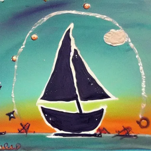 Prompt: a sailboat flying in the sky by night, mixed media, whimsical,