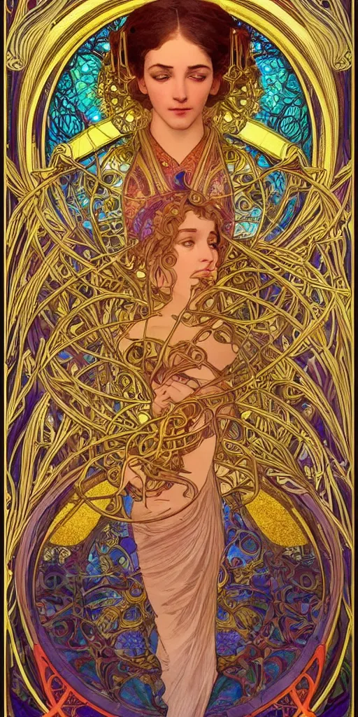 Image similar to astrologer's prayer, mythology, guardian of the stars, unreal engine 5, art nouveau, bright colors, intense colors, intricate, symmetry, high detail of the face, elegance, sunshine, clear focus, art of alphonse maria mucha, art workstation