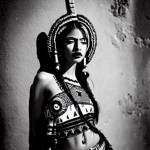 Image similar to full body photo portrait of attractive aztec beauty in temple, old photo, highly detailed, fashion photography, black and white, by Annie Leibovitz