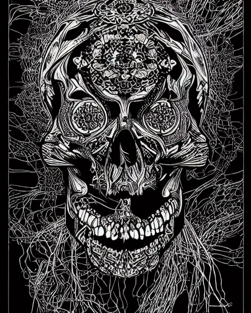 Image similar to an intricate exploding skull, screen print, art by Gustavo Bernal, Garavato