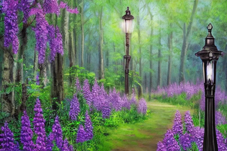 Image similar to vintage iron lamp post in the lush forest in the spring. Cinematic, purple lupin flowers, hiking trail. Intricately detailed oil painting