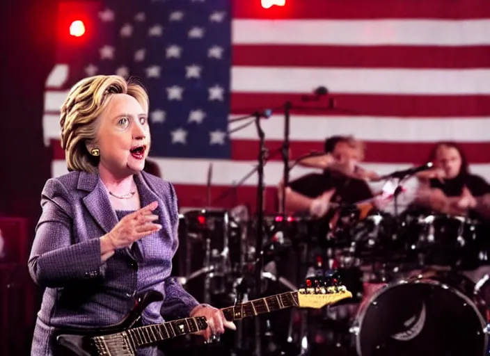 Image similar to publicity photo still of hillary clinton in a death metal band playing live on stage, 8 k, live concert lighting, mid shot