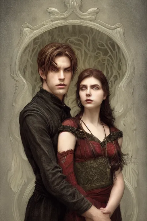 Image similar to a portrait of handsome young male nordic Satan and his elegant beautiful nordic witch wife, bored, illustration, dramatic lighting, soft details, painting oil on canvas, art nouveau, octane render, HDR, 4k, 8k, HD, by Edmund Blair Leighton, Brom, Charlie Bowater, trending on artstation, faces by Tom Bagshaw, Sargent