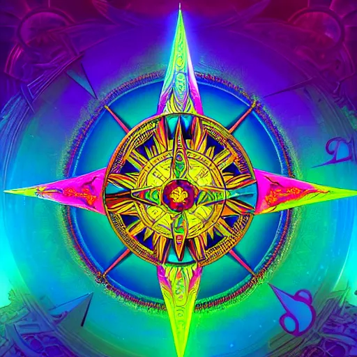 Prompt: An extremely psychedelic abstract illustration of an 3d compass star shaped temple, colorful, surreal, dramatic lighting, magic mushrooms, psilocybin, LSD, detailed, intricate, elegant, highly detailed, digital painting, artstation, concept art, smooth, sharp focus, illustration, art by Krenz Cushart and Artem Demura and alphonse mucha, unreal engine 5 render, 8k