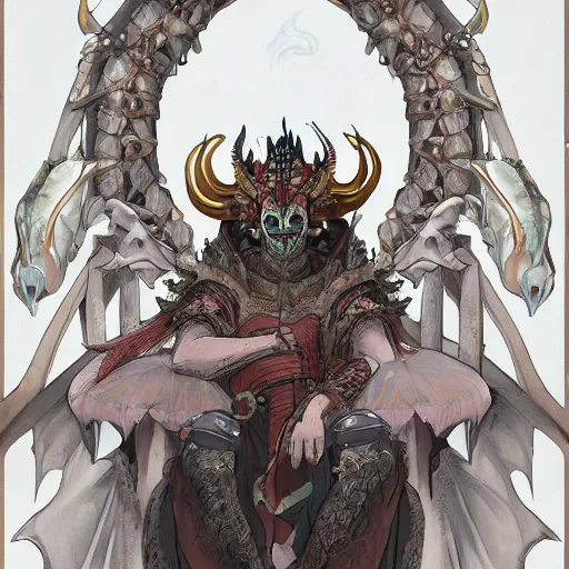 Prompt: concept art painting of an anthropomorphic dragon king with robes, a long dragon neck, and horned skull mask, sitting on a throne, anime style, cel shaded, in the style of makoto shinkai and james gurney and studio ghibli and moebius