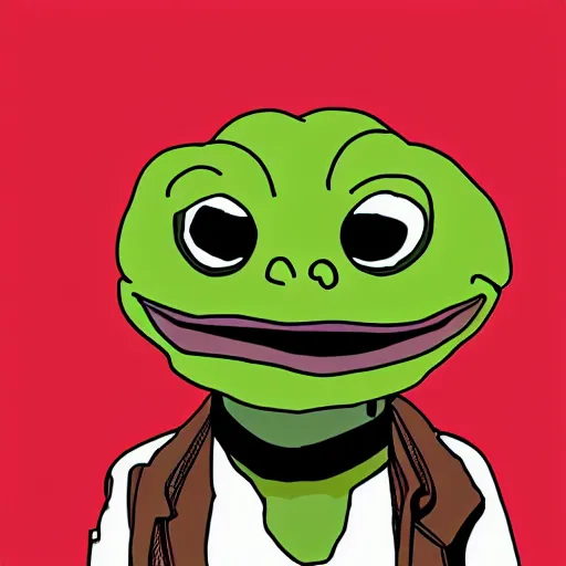 Image similar to pepe the frog head from 4chan on the body of a cartoon dog wearing a leather jacket and jeans