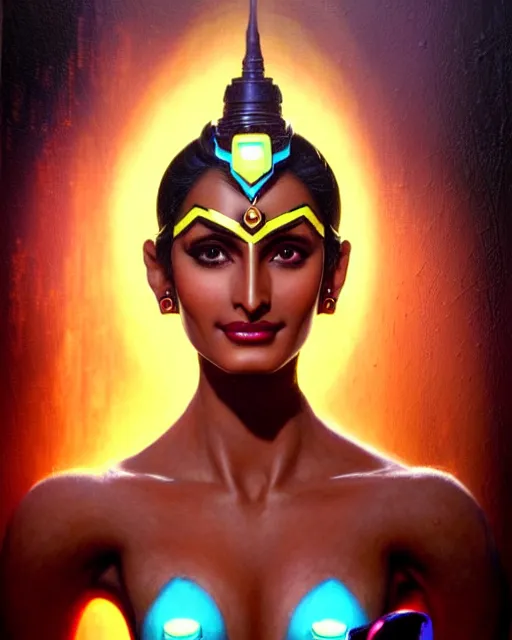 Image similar to symmetra from overwatch, bust, fantasy, fantasy art, fantasy, colorful, elegant, character portrait, portrait, close up, highly detailed, intricate detail, amazing detail, sharp focus, vintage fantasy art, vintage sci - fi art, radiant light, caustics, by boris vallejo