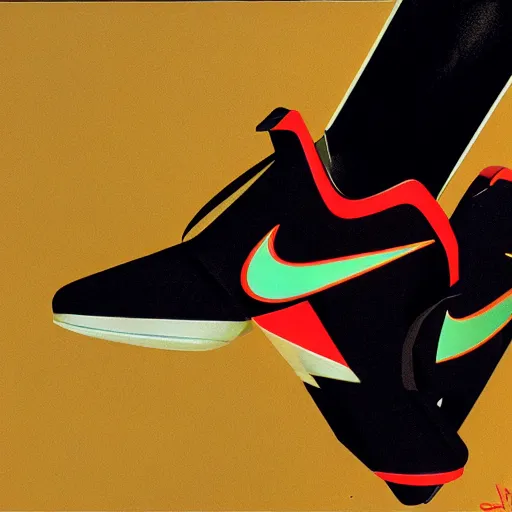 Image similar to retro futuristic Nike Lebron sneakers by syd mead, matte painting, geometric shapes