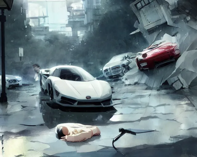 Prompt: a 50 year old brunnette chinese man with puffy cheeks lying with closed eyes on the ground next to a white super car crash, horror scene, dramatic, anime art, Greg Rutkowski, studio ghibli, dramatic lighting