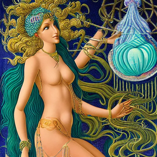 Image similar to sumerian goddess inanna ishtar, ashteroth, techno mystic goddess princess intergalactica, with aqua neon rapunzel dreadlocks, detailed, wearing seashell attire, crystal pathway to atlantis floating on the sea, by sandro botticelli