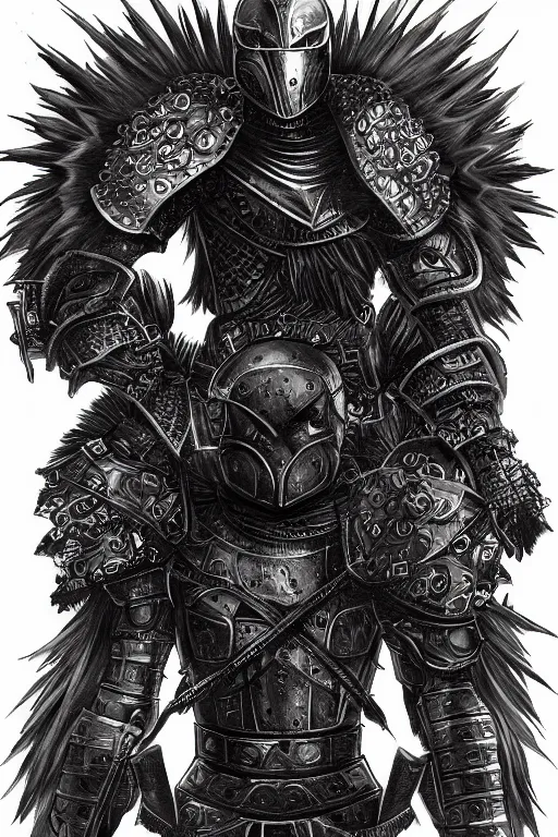 Image similar to armoured human, crow armour, symmetrical, highly detailed, digital art, black feathers, sharp focus, trending on art station, kentaro miura manga art style