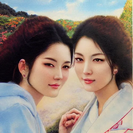 Prompt: a portrait of two beautiful 3 0 year old sisters in a scenic environment by noriyoshi ohrai