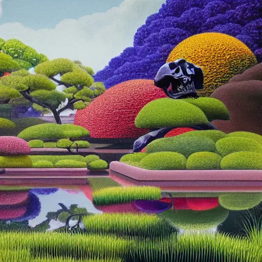 Prompt: complex and beautiful japanese garden full of flowers by michael kidd, oil on canvas, apple giant translucent transparent skull, james jean, splashes, magritte painting, intricate, highest details, 8 k, pushead, pointillism