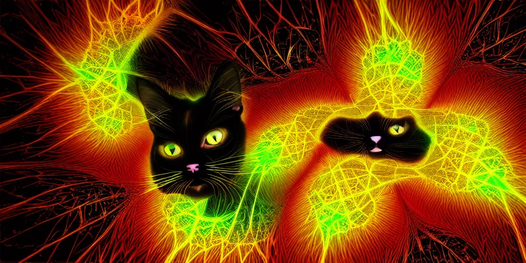 Prompt: a cat sprouting new cats, l - system, flame fractal, recursive fractal, apophysis av 8 k uhd