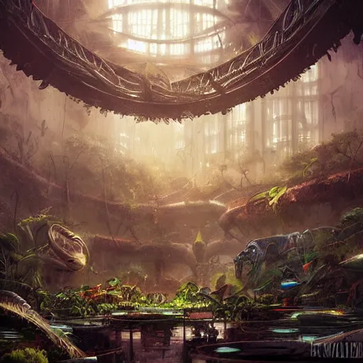 Image similar to epic alien jungle inside a giant laboratory by raymond swanland