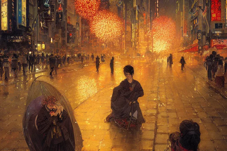 Image similar to a beautiful realistic painting of a firework festival on the streets of tokyo at night, intricate, elegant, highly detailed, digital painting, artstation, concept art, by krenzcushart, artem demura, alphonse mucha