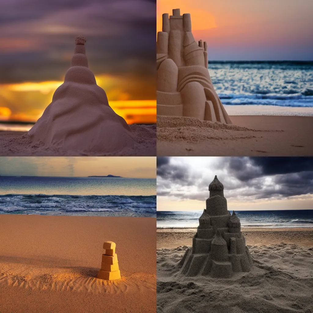 Prompt: person sand castle on beach dramatic lighting
