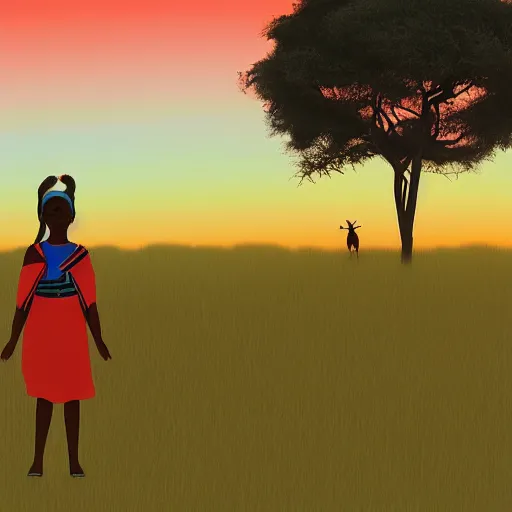 Image similar to a maasai girl standing in the savanna during a sunset by studio ghibli