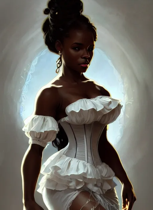 Image similar to cute black woman wearing a white corset dress, fantasy, intricate, highly detailed, digital painting, artstation, concept art, wallpaper, smooth, sharp focus, illustration, art by artgerm and greg rutkowski and alphonse mucha