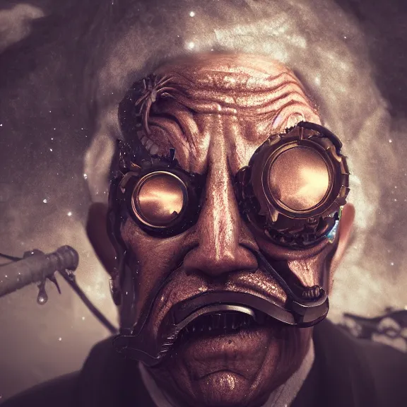 Image similar to a portrait of a steampunk elderly man as a demon on hell, dark, foggy, eerie, splash, sparkle, smoke, particles, octane render, unreal engine, artstation, digital art.