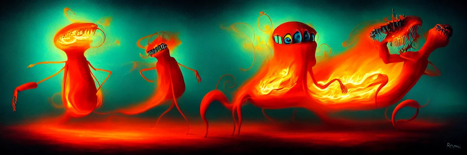 Image similar to whimsical surreal fiery plankton creatures, surreal dark uncanny painting by ronny khalil