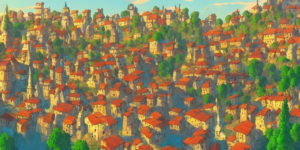 Prompt: landscape screenshot of a colorful medieval town from Hayao Miyazaki (Studio Ghibli), golden hour