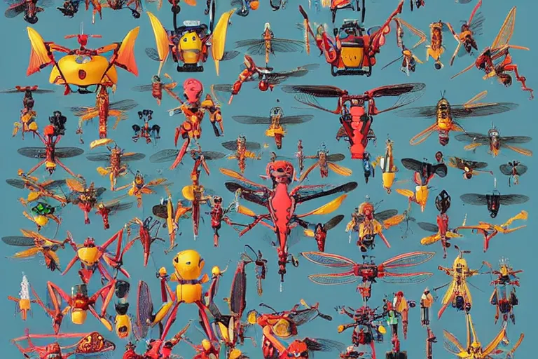 Prompt: gigantic dragonflies with human faces catch tiny robots, a lot of exotic mechas robots around, human heads everywhere, risograph by luigi serafini, colorful flat surreal design, super - detailed, a lot of tiny details, fullshot