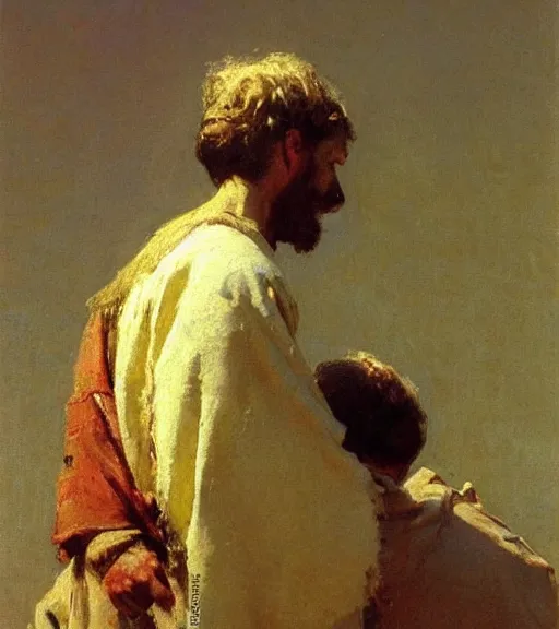 Image similar to high quality high detail painting by ilya repin, leaning towards jesus, hd