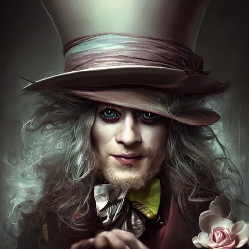 Image similar to The Madhatter, digital painting, lots of details, extremely detailed, 4k, intricate, brush strokes, Artgerm, Bastien Lecouffe-Deharme, Chiho Aoshima