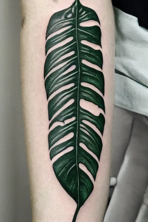 Image similar to tattoo of a monstera deliciosa leaf and a alocasia zebrina leaf, intricate, elegant, thin lines