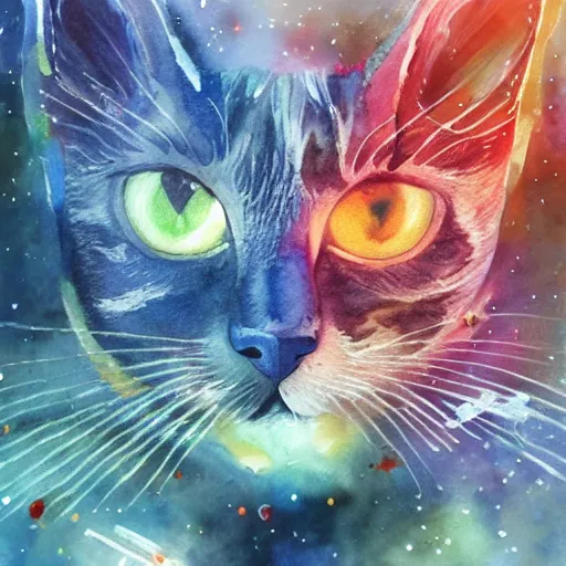 Prompt: cat, virus, antibodies in space. watercolor. amazing painting. high resolution. highly realistic. cool tones. close - up. 8 k. trending on artstation.