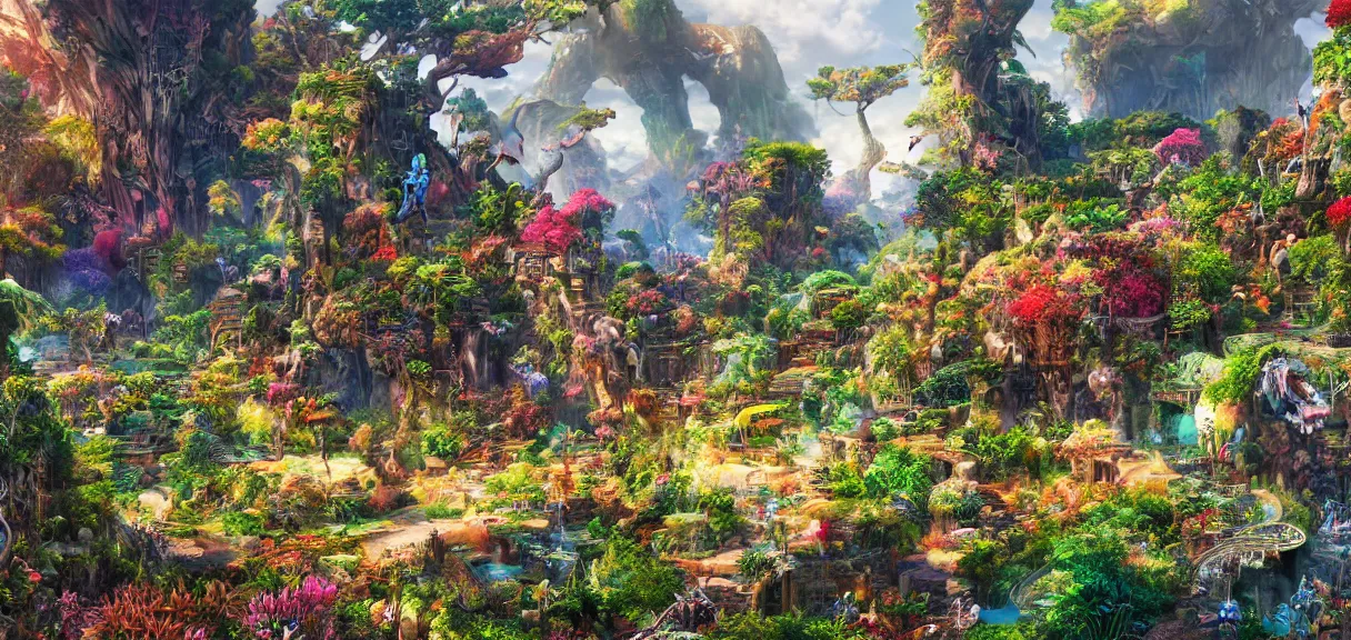 Image similar to the landscape of an unimaginable and beautiful place with all types of colorful vegetation, beyond the physical realm, an ultrafine hyperdetailed illustration by kim jung gi, irakli nadar, intricate linework, bright colors, octopath traveler, final fantasy, unreal engine 5 highly rendered, global illumination, radiant light, detailed and intricate environment