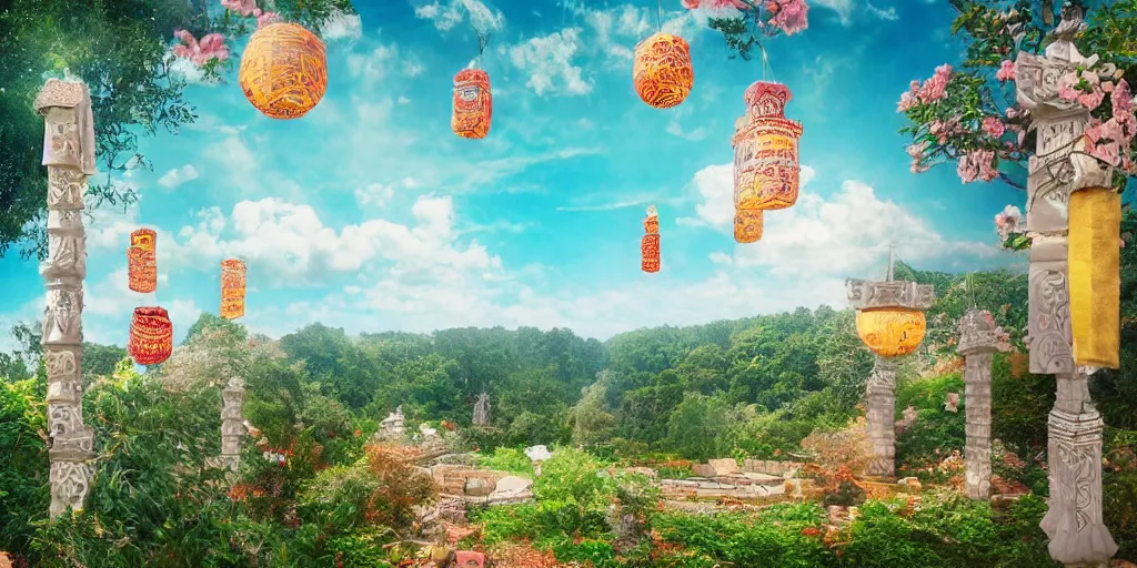 Image similar to wind god enjoying the view from his stone heavenly palace, decorated with windchimes and paper lanterns, nature, clouds and other palaces in background, digital art