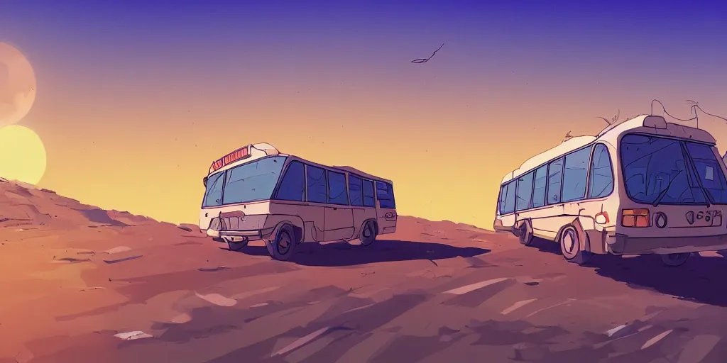 Image similar to an israeli bus driving in the negev, noon, sunlights, wide shot, digital art, ghibli style, vivid colors, flat colors, trending on artstation, high quality