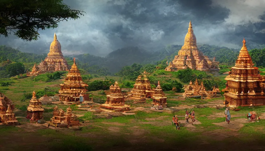 Image similar to matte painting of a beautiful dvaravati village and buddhit temple, digital art, trending on artstation