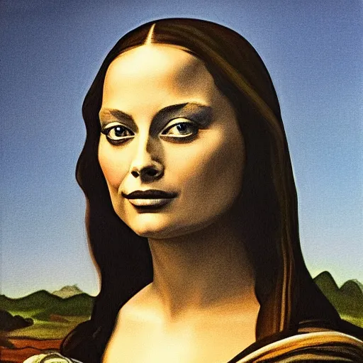 Image similar to painting of Margot Robbie posed in the style of ‘Leonardo Da Vinci's Mona Lisa’, hyperrealistic, moody lighting, golden hour