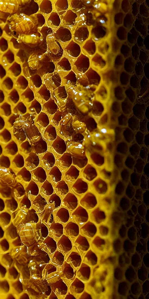 Prompt: real honeycomb organic building with dripping honey by tomas gabzdil libertiny sitting on the field, film still from the movie directed by denis villeneuve arrival movie aesthetic with art direction by zdzisław beksinski, telephoto lens, shallow depth of field