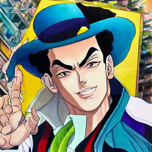 Prompt: a beautiful painting of jotaro with superpowers posing for a picture on a city street by hirohiko araki, detailed line art, jojos bizarre adventure