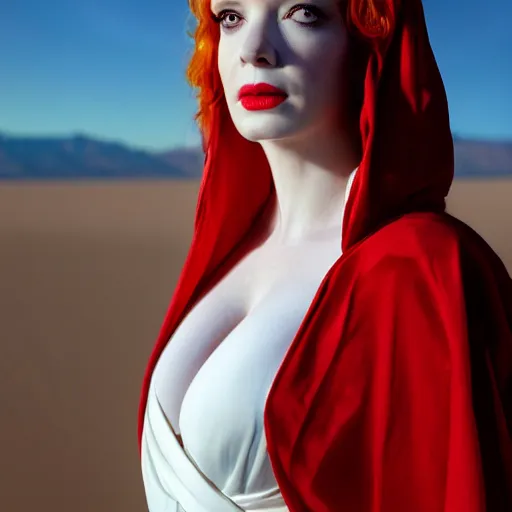 Image similar to symmetry!! christina hendricks!!! full frontal body photography of skinny christina hendricks in white robes standing in the desert, blushing, red - cheeks!!, dim volumetric cinematic lighting, 8 k, detailed - face!!, red lips, post - processing, extremely hyper - detailed, intricate, epic composition, masterpiece, stunning, leica sl 2 5 0 mm